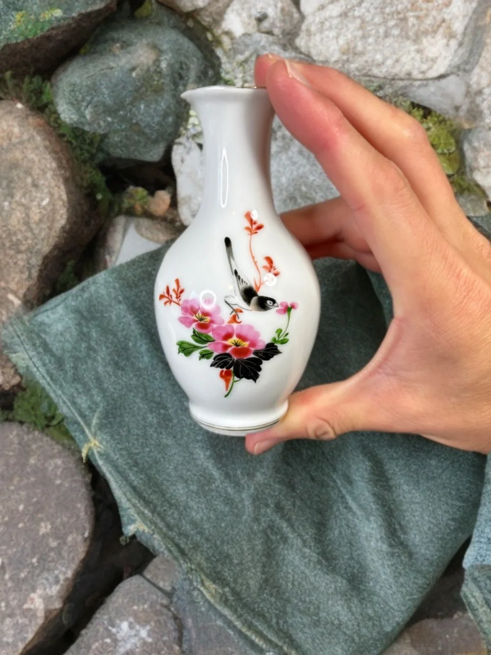 Vintage Chinese White Floral Bird Ceramic Bud Vase